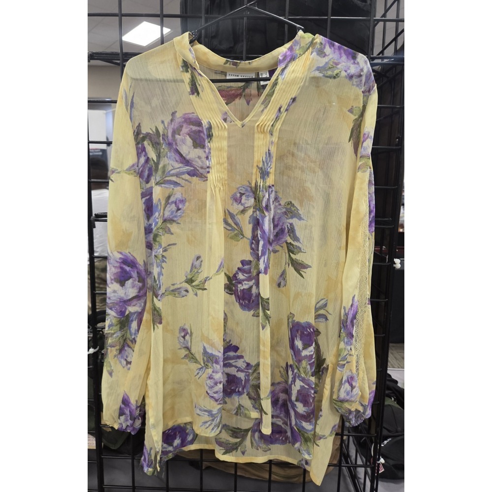 Susan Graver Floral Chiffon Blouse Womens Lrge Yellow Purple Lace Trim Excellent